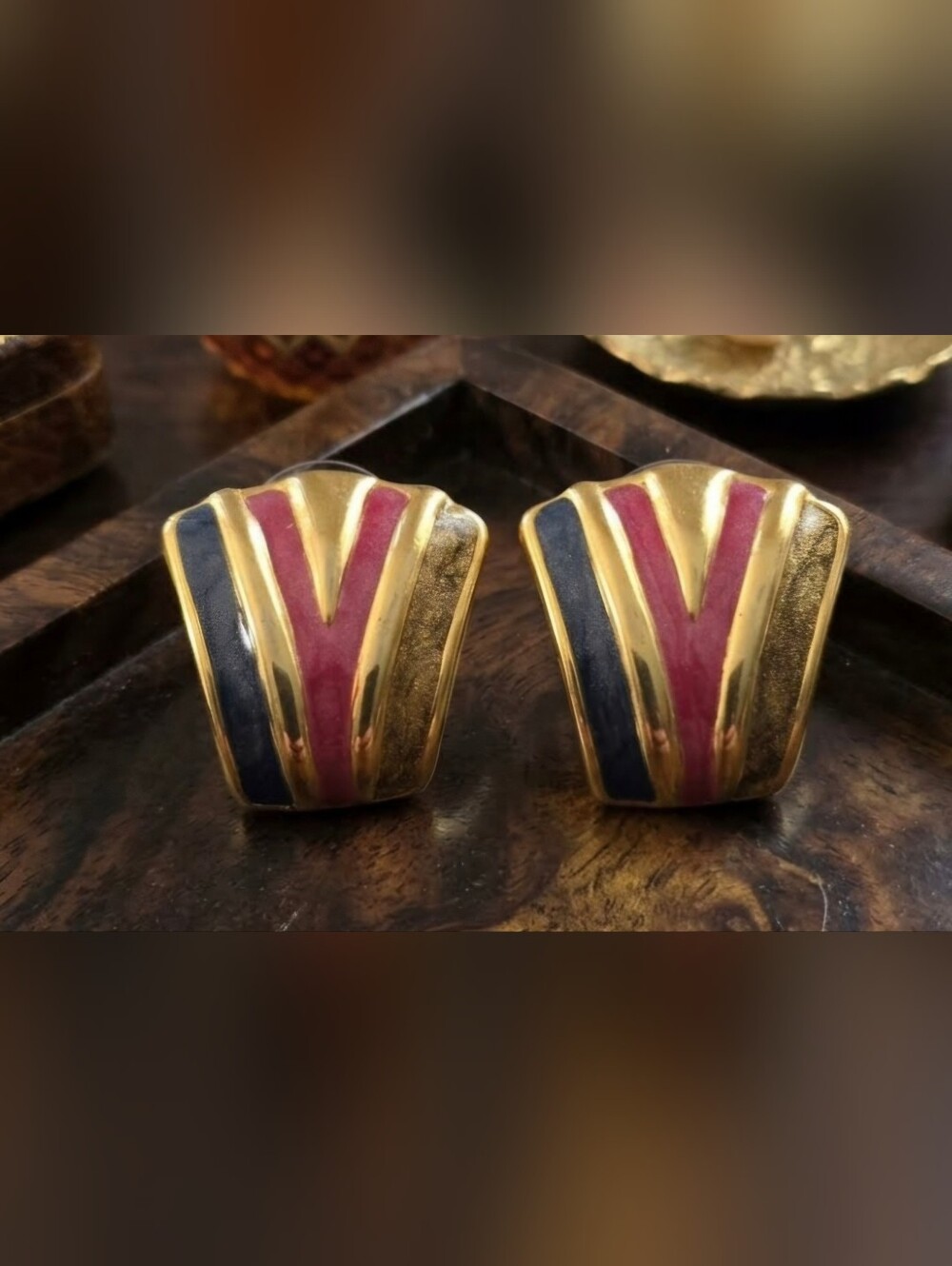 Classic 80s Gold-Enamel Striped Earrings- Blue & Pink